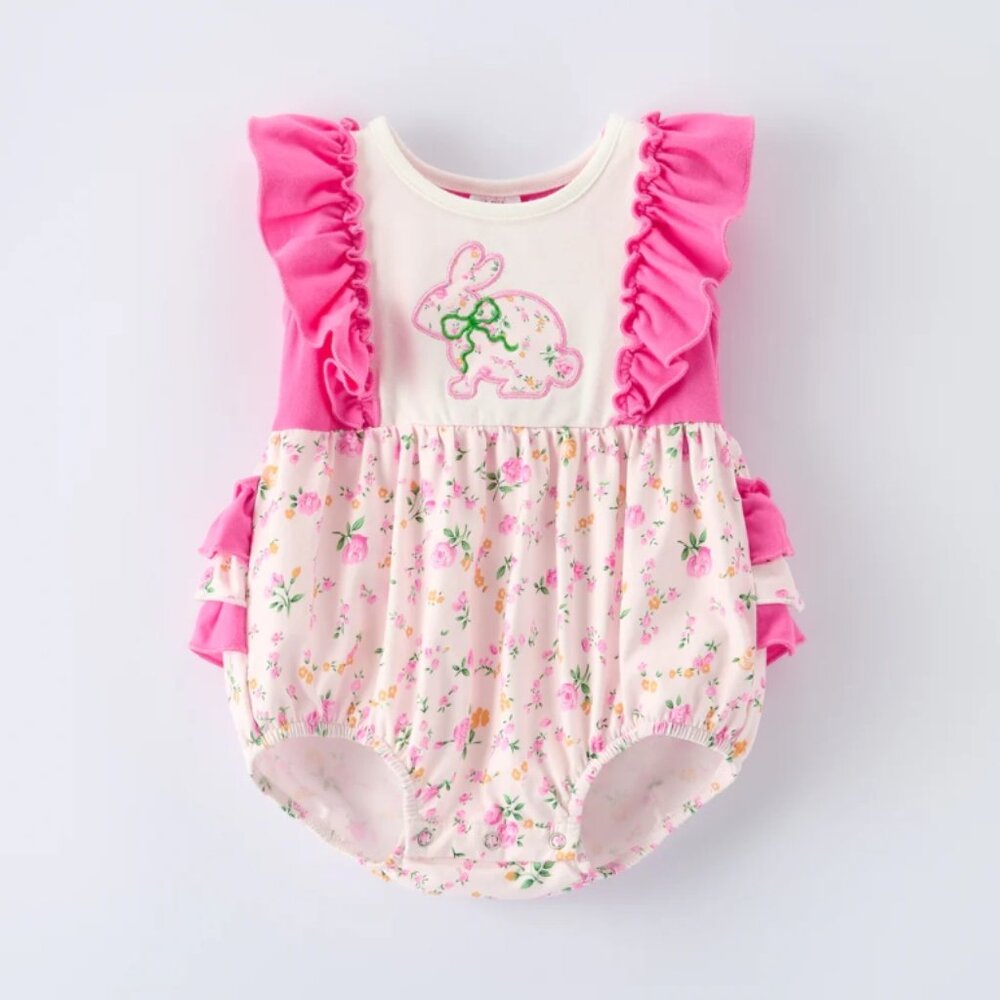 Boutique Bunny Rabbit Applique Baby Girls Floral Ruffle Romper Jumpsuit Easter